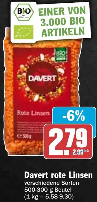 Hit Davert rote Linsen 500-300 g Beutel Angebot