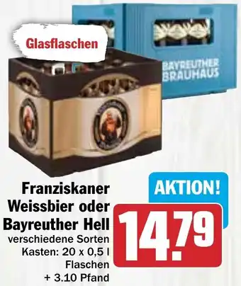 Hit Franziskaner Weissbier oder Bayreuther Hell 20x0,5 L Flaschen Angebot