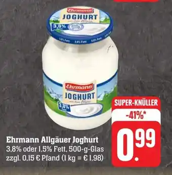 Scheck-in-Center Ehrmann Allgäuer Joghurt 3,8% oder 1,5% Fett, 500-g-Glas Angebot