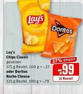 REWE Lay's Chips Classic Oder Doritos Nacho Cheese Angebot