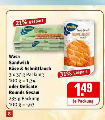 REWE Wasa Sandwich Käse & Schnittlauch Oder Delicate Rounds Sesam Angebot