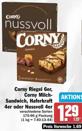 AEZ Corny Riegel 6er, Corny Milch Sandwich, Haferkraft 4er oder Nussvoll 4er 175-96 g Packung Angebot