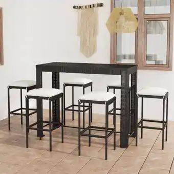 ManoMano 7-tlg. Gartenbar-Set Bartisch Set Gartenmöbel - Bistrotisch mit 6 Stühlen mit Kissen Poly Rattan Schwarz BV489457 Bonnevie Angebot