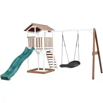 ManoMano Beach Tower Spielturm aus Holz in Braun & Weiß Spielhaus für Kinder mit grüner Rutsche, RoxyRoxy Nestschaukel und Sandkasten  Angebot