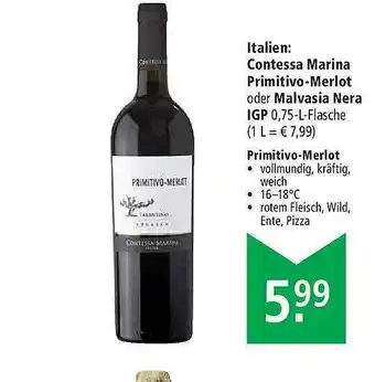 Marktkauf Italien: Contessa Marina Primitivo-merlot Oder Malvasia Nera Igp Angebot