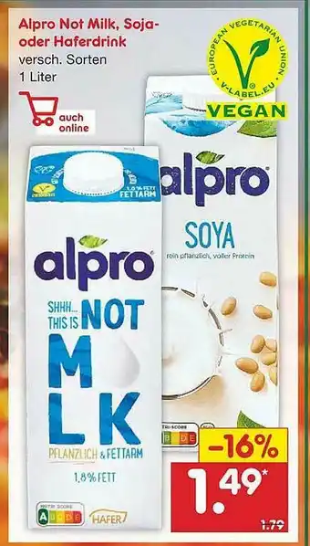 Netto Marken-Discount Alpro Not Milk Soja- Oder Haferdrink Angebot