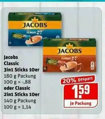 REWE Kaufpark Jacobs Classic 3in1 Sticks 10eroder Classic 2in1 Sticks 10er Angebot