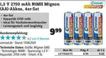 Conrad 1.2v 2750mah Nimh Mignon Aa-akkus 4er-set Angebot