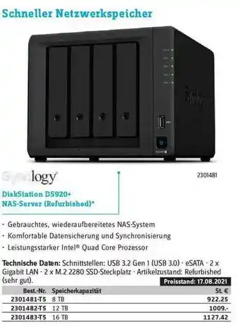 Conrad Sinology Diskstation Ds920+ Nas-server (refurbished) Angebot