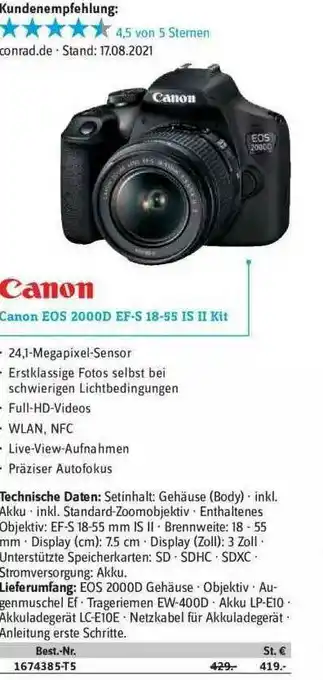 Conrad Canon Eos 2000d Ef-s 18-55 Is II Kit Angebot