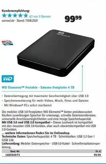 Conrad Wd Elements Portable - Externe Festplatte 4tb Angebot