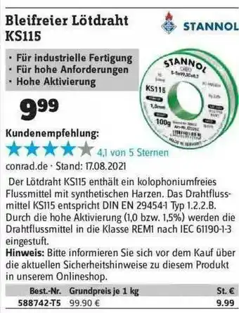 Conrad Stannol Bleifreier Lötdraht Ks1155 Angebot