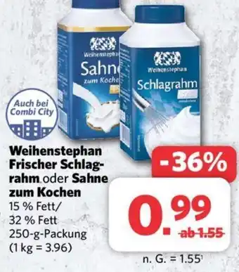 Combi Weihenstephan Frischer Schlag- rahm oder Sahne zum Kochen 250-g-Packung Angebot