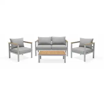 ManoMano Garten-Set Chillvert Bérgamo Aluminium und Holz 1 Sofa + 2 Sesseln + 1 Tisch Grau mit Kissen Angebot