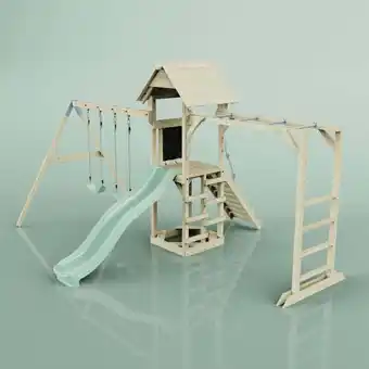 ManoMano Rebo Klettergerüst aus Holz mit Wellenrutsche Outdoor Spielturm mit Doppel-Kinderschaukel, Hangelstangen, Plattform und Klett Angebot