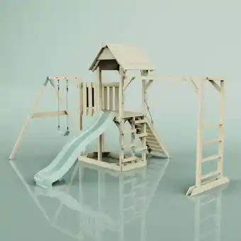 ManoMano Rebo Klettergerüst aus Holz mit Wellenrutsche Outdoor Spielturm mit Kinderschaukel, Hangelstangen, Plattform und Kletterseil- Angebot