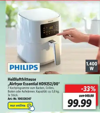 Lidl Philips Heißluftfritteuse „airfryer Essential Hd9252.00” Angebot