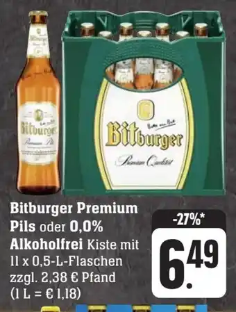 Scheck-in-Center Bitburger Premium Pils oder 0,0% Alkoholfrei Kiste mit 11 x 0,5-L-Flaschen Angebot