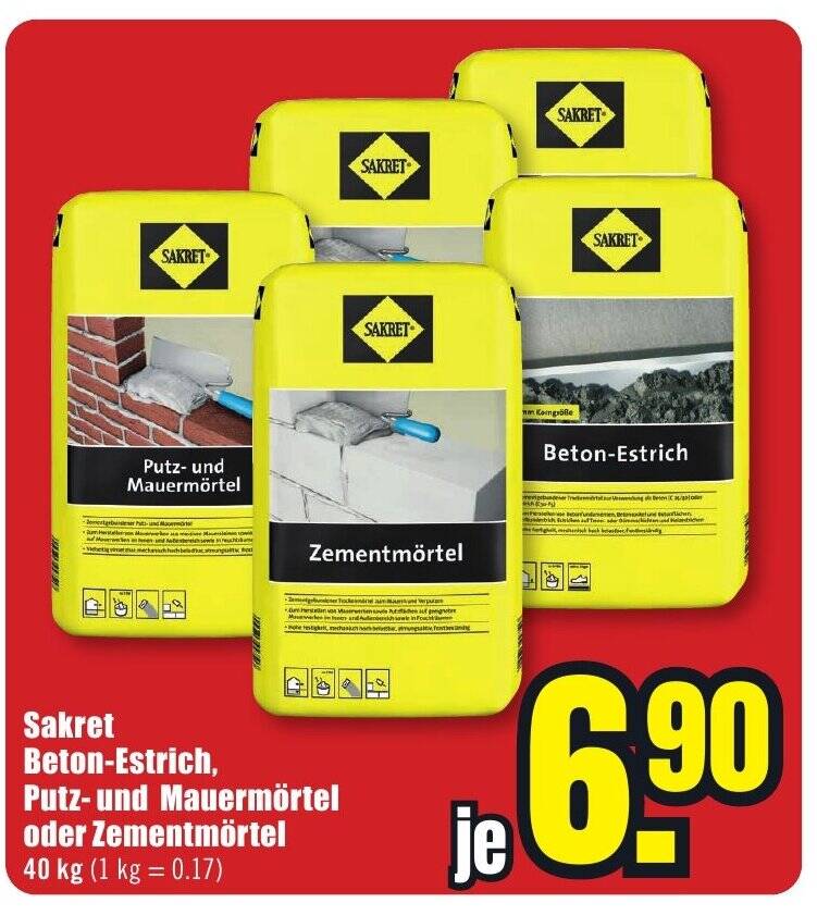 Sakret BetonEstrich, Putz und Mauermörtel oder Zementmörtel 40kg Angebot bei B1 Discount Baumarkt