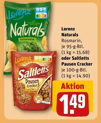 REWE Lorenz Naturals Rosmarin, je 95-g-Btl. oder Saltletts Pausen Cracker je 100-g-Btl. Angebot