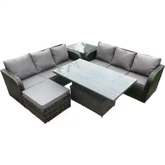 ManoMano Outdoor Rattan Gartenmöbel Sets Höhenverstellbarer aufsteigender Esstisch Sofa Set mit Beistelltisch Großer Fußhocker Dunkelg Angebot