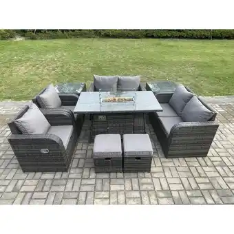 ManoMano 8-Sitzer Rattan Gartenmöbel Set Outdoor Propan Gas Feuergrube Tisch und Sofa Stuhl Set mit 2 Beistelltische 2 Kleine Fußhocke Angebot