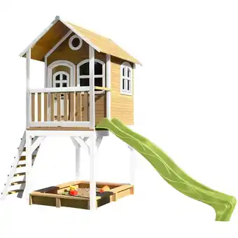 ManoMano AXI Spielhaus Sarah mit Sandkasten & hellgrüner Rutsche Stelzenhaus in Braun & Weiß aus FSC Holz für Kinder Spielturm mit Wel Angebot