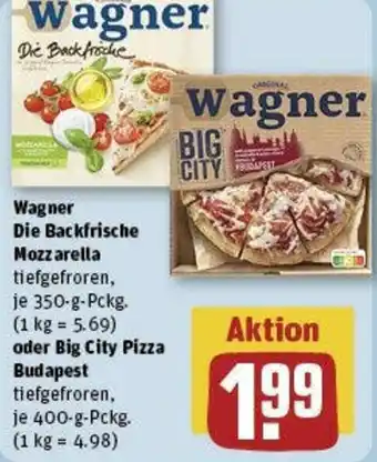 REWE Wagner Die Backfrische Mozzarella 350 g oder Big City Pizza Budapest 400 g Pckg. Angebot