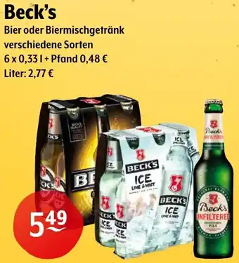 Trink und Spare Beck's Bier oder Biermischgetränk 6x0,33 L Angebot