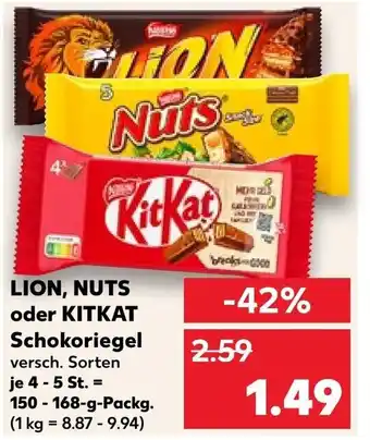 Kaufland LION, NUTS oder KITKAT Schokoriegel 150-168-g-Packg. Angebot