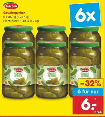 Netto Marken-Discount Beste Ernte Gewürzgurken 6 x 360 g Angebot