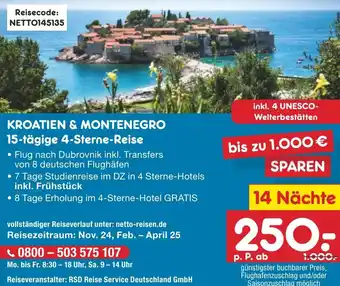 Netto Marken-Discount KROATIEN & MONTENEGRO 15-tägige 4-Sterne-Reise Angebot