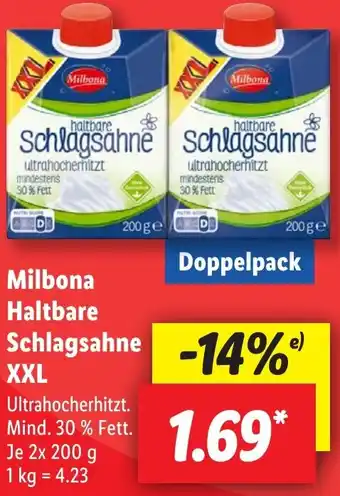 Lidl Milbona Haltbare Schlagsahne XXL 2X200 g Angebot