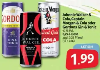 Markant Markt Johnnie Walker & Cola, Captain Morgan & Cola oder Gordons Gin & Tonic 0,25 L Dose Angebot