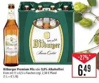 Marktkauf Bitburger Premium Pils oder 0,0% Alkoholfrei Kiste mit 11 x 0,5-L-Flaschen Angebot