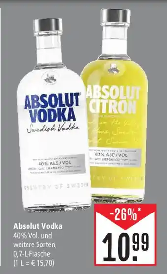 Marktkauf Absolut Vodka40% ALC/VOL 0,7-L-Flasche Angebot