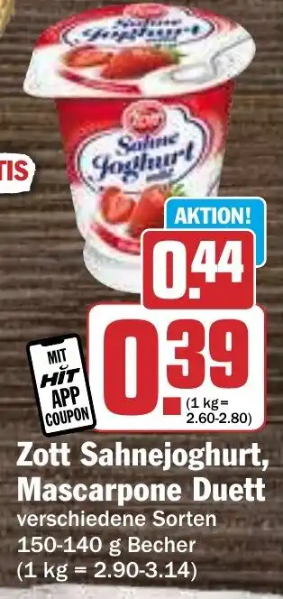 Hit Zott Sahnejoghurt, Mascarpone Duett 150-140 g Becher Angebot