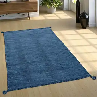 ManoMano Paco Home - Wohnzimmer Natur Teppich m. Fransen, Moderner Handgewebter Kelim, 100% Baumwolle 120x170 cm, Blau Angebot