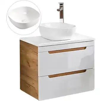 ManoMano Waschtischunterschrank 60 cm mit 42 cm Keramik-Waschbecken LUTON-56 in Hochglanz weiß mit Wotan Eiche Nb., b/h/t ca. 61/76,5/ Angebot