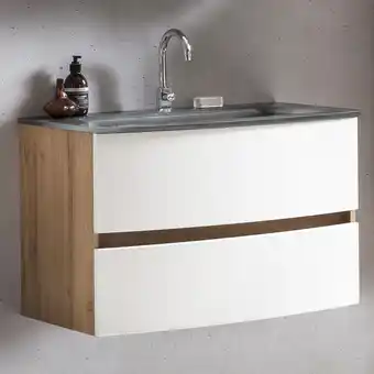 ManoMano Badezimmer Waschtisch 80 cm Wotaneiche Nb. mit matt weiß LAURIA-03 inkl. Glaswaschbecken grau, BxHxT: ca. 80x53x49 cm - braun Angebot