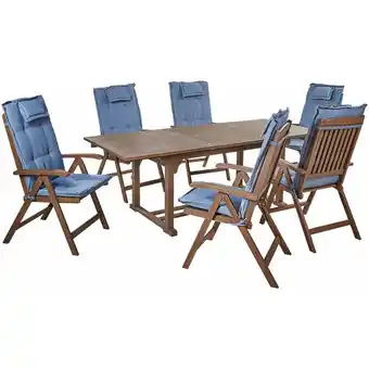 ManoMano Gartenmöbel Set Dunkelbraun und Blau Akazienholz 7-Teilig Ausziehtisch mit 6 Stühlen 6 Auflagen Klappbar Verstellbar Modern G Angebot