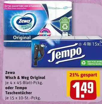 REWE Zewa oder tempo küchenrolle wisch & weg original oder taschentücher Angebot