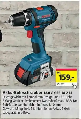 Holz Possling Akku-bohrschrauber 18,0 V, GSR 18-2-LI Angebot