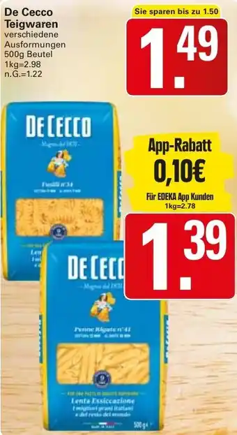 WEZ De Cecco Teigwaren 500 g Beutel Angebot