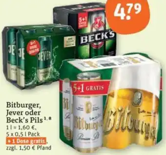 tegut Bitburger, Jever oder Beck's Pils 5 x 0,5 L Pack Angebot