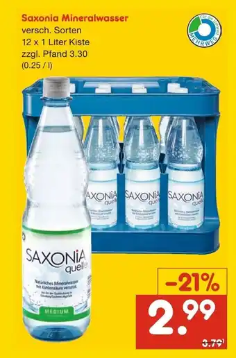 Netto Marken-Discount Saxonia Mineralwasser 12 x 1 Liter Kiste Angebot