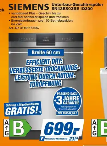 expert Techno Land SIEMENS Unterbau-Geschirrspüler SN43ES03BE iQ300 Angebot