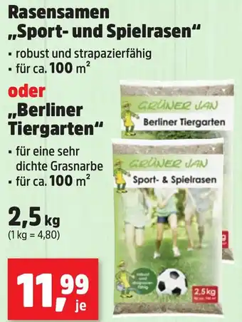 Thomas Philipps GRÜNER JAN Rasensamen ,,Sport und Spielrasen“ oder Berliner Tiergarten 2,5kg Angebot