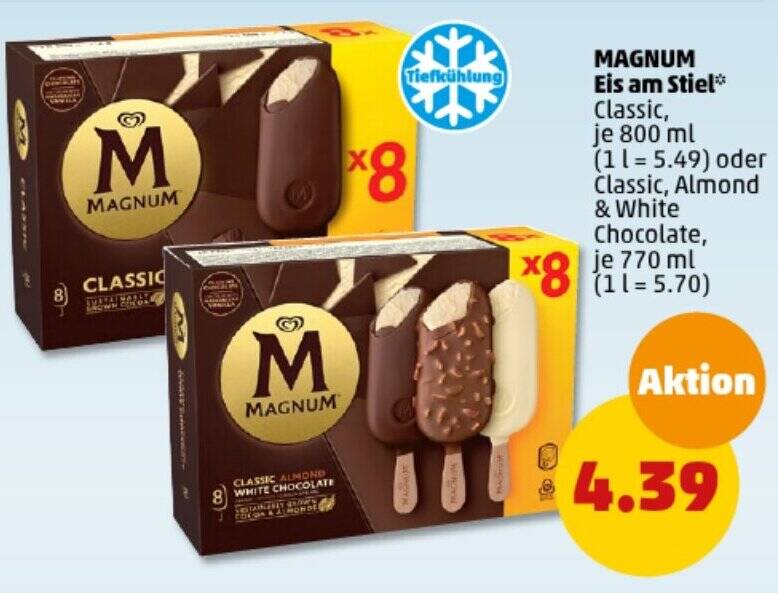 MAGNUM Eis am Stiel Classic, 800 ml oder Classic, Almond & White Chocolate, 770 ml Angebot bei PENNY