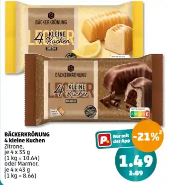 PENNY BÄCKERKRÖNUNG 4 kleine Kuchen Zitrone 4 x 35 g oder Marmor 4 x 43 g Angebot